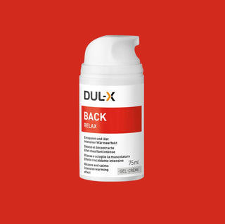 Dul-X Back Relax cream bottle on a red background