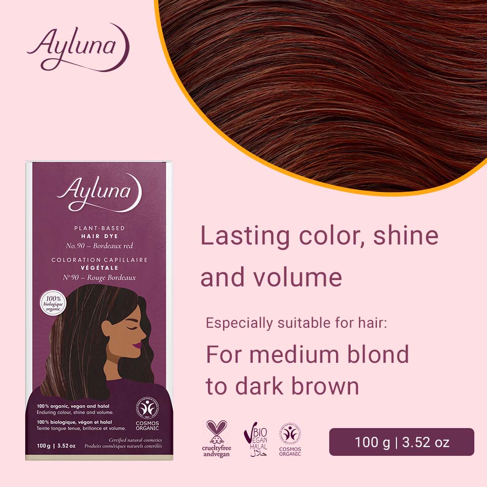 AYLUNA Plant-Based Hair Dye No. 90. Bordeaux red