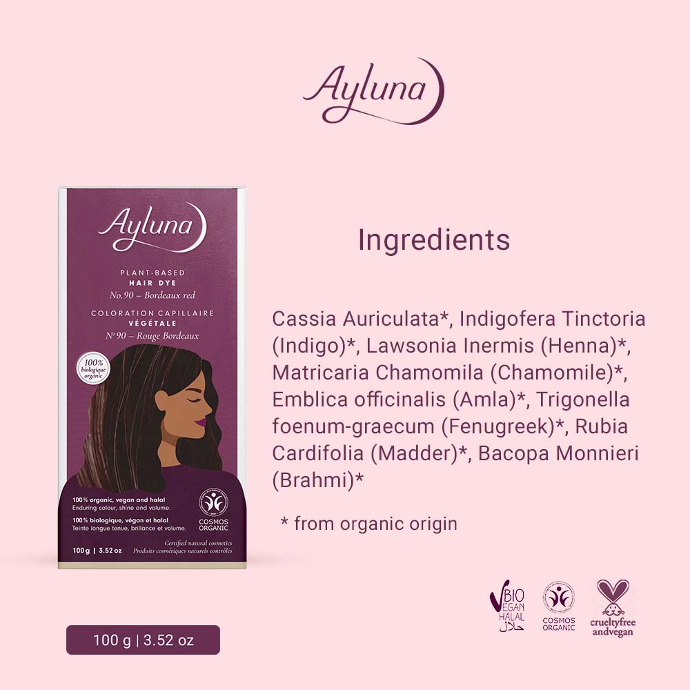 AYLUNA Plant-Based Hair Dye No. 90. Bordeaux red