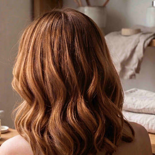 Medium-length wavy hair with warm caramel and golden-brown highlights, shown from the back on a person in a softly lit indoor setting.