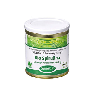 Canister of Bio Spirulina with Sanatur branding on a white background