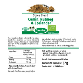 Cumin, Muskat & Koriander SPICE BLEND, Sanatur 90 capsules (37 g) ORGANIC