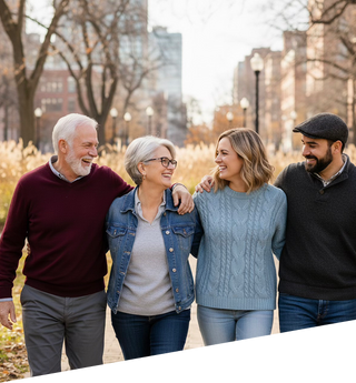 Two couples walking together in a park with trees and buildings in the background