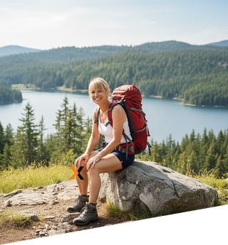 Woman with a red backpack sitting on a rock overlooking a lake and forest