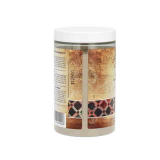 A clear plastic jar of fragrance oil with a white screw-on lid, showing the back label. The label features a textured gold and brown background with a decorative patterned band near the bottom.