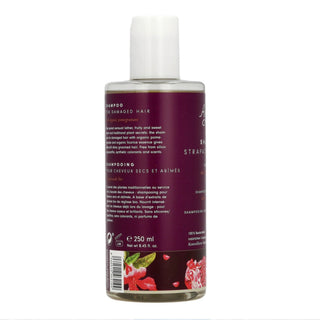 A bottle of damaged hair shampoo with a white cap and a deep purple label featuring red flowers, shown on a plain white background.