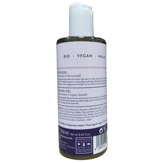A 250 mL bottle of Halal shower gel, showing the back label with product details, ingredients, and a barcode. The bottle has a white cap and a dark brown base, with lavender and white labeling.