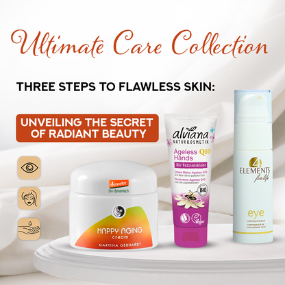 "Ultimate Care Collection" Skincare Set – Happy Aging Face Cream, Ageless Q10 Hand Cream, and Eye Contour Serum