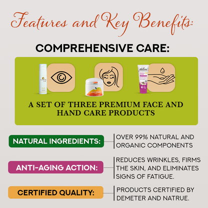 "Ultimate Care Collection" Skincare Set – Happy Aging Face Cream, Ageless Q10 Hand Cream, and Eye Contour Serum