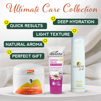 "Ultimate Care Collection" Skincare Set – Happy Aging Face Cream, Ageless Q10 Hand Cream, and Eye Contour Serum