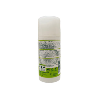 A white cylindrical bottle of Ecolab Bio-Caffeine deodorant, shown from the back to display the detailed green and black product information label.