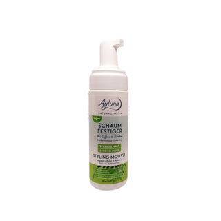 A bottle of Ayluno Naturkosmetik Styling Mousse ( Schaum Festiger) with a white pump dispenser, shown on a solid white background.