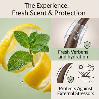 Promotional graphic for a hair product with the headline 'The Experience: Fresh Scent & Protection.' The left panel shows sliced lemon and mint leaves on a pale green background, suggesting a fresh, scented ingredient theme.
