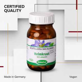 Sanatur Scutellaria Premium Extract with certification wording on a laboratory-inspired background