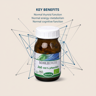 Sanatur BIO Iodine 100 percent with key benefits wording on an abstract scientific background