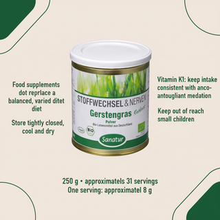 Sanatur organic barley grass powder serving size, caution and storage information