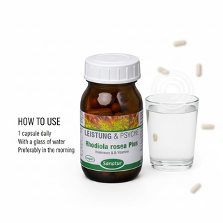 Sanatur Rhodiola Rosea Plus with usage wording on a clean water background