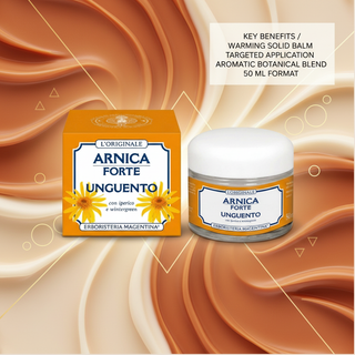Arnica Forte Balm key benefits visual with warming solid balm, targeted application, aromatic botanical blend and 50 ml format