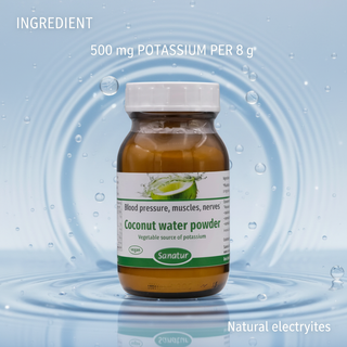 Sanatur Coconut Water Powder with ingredient and potassium wording on an abstract electrolyte background