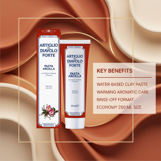 Devil's Claw Forte Clay Paste key benefits visual with water-based clay paste, warming aromatic care, rinse-off format and economy 250 ml size