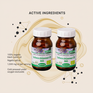 Sanatur organic black cumin oil bundle with active ingredient information