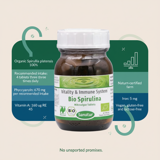 Sanatur BioSpirulina Naturland nutrient values and product information