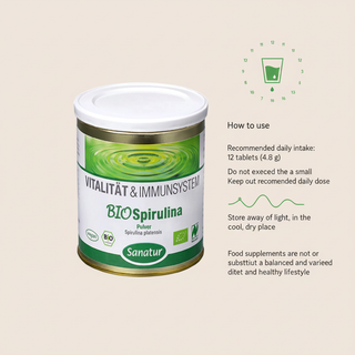 Sanatur BioSpirulina daily intake and storage instructions