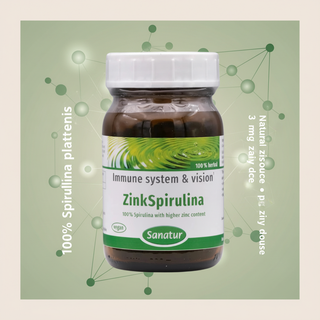 Sanatur ZincSpirulina product image with abstract zinc mineral background and natural zinc source wording