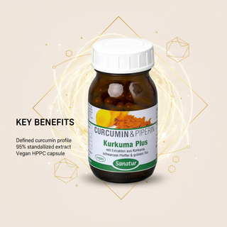 Sanatur Turmeric Plus with key benefits wording on an abstract premium background