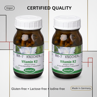 Sanatur Vitamin K2 MK-7 Value Bundle with certification wording on a laboratory background without capsules tablets or powder