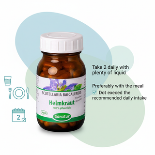 Sanatur Scutellaria product image with abstract water, meal and daily routine background