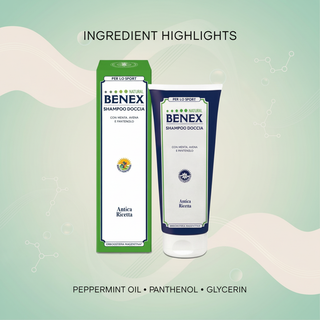 Organic Shower Gel and Shampoo BENEX 200ml key ingredients: peppermint oil, Panthenol and Glycerin