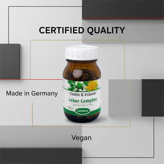Sanatur Cholin and Herbs with certification wording on a laboratory-inspired background