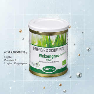 Sanatur Organic Wheatgrass Powder with nutrient wording on an abstract food-science background