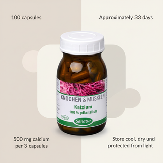 Sanatur Calcium 100 percent Vegetable with dosage and storage wording on an information-inspired background