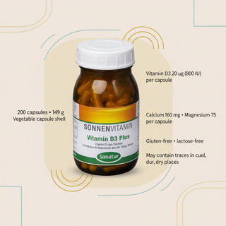 Sanatur Vitamin D3 Plus serving size nutrient quantities and product information