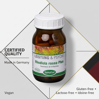 Sanatur Rhodiola Rosea Plus with certification wording on a laboratory-inspired background