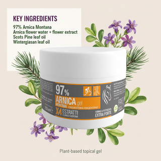 Arnica Gel 97% key ingredients: Arnica Montana flower water and extract, Scots Pine leaf oil, and Wintergreen leaf oil