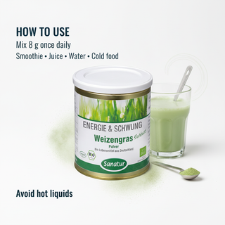 Sanatur Organic Wheatgrass Powder with usage wording on a clean cool-drink background