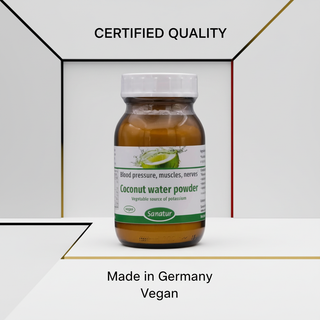 Sanatur Coconut Water Powder with certification wording on a laboratory-inspired background