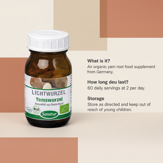 Sanatur Organic Yam Root product image with calm abstract question and answer information layout