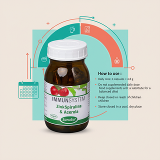Sanatur ZincSpirulina and Acerola daily dose and food supplement guidance