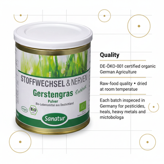 Sanatur organic barley grass powder certification and quality testing information
