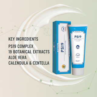 PS19 Herbal Cream 100ml key ingredients: PS19 Complex, 19 botanical extracts, Aloe Vera, Calendula and Centella, with abstract cream and molecular graphics
