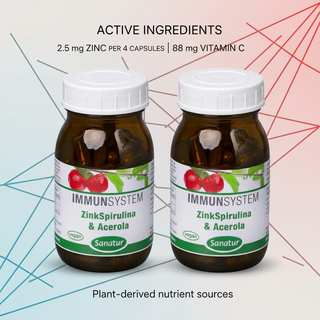 Sanatur ZincSpirulina and Acerola Value Bundle with active ingredient wording on a clean molecular background without capsules tablets or powder
