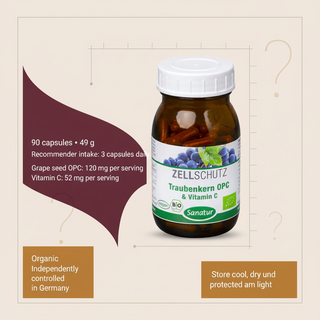 Sanatur Grape Seed OPC and Vitamin C pack size nutrient values and storage information