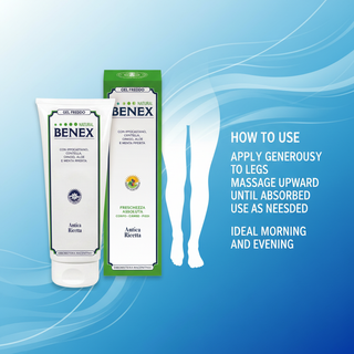 Cooling Leg Natural Benex Gel 200ml how to use: apply generously to legs, massage upward until absorbed, use as needed, ideal morning and evening