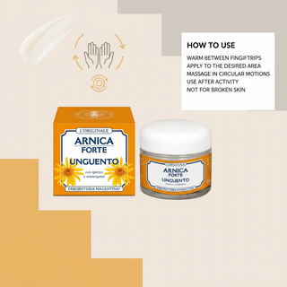 Arnica Forte Balm how to use visual with warm between fingertips, apply to desired area, massage in circular motions, use after activity and skin warning
