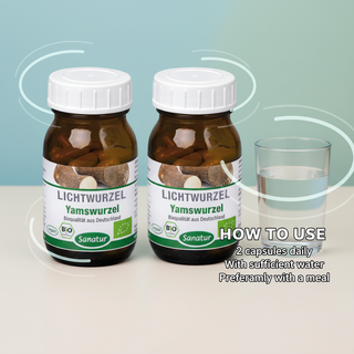 Sanatur Organic Yam Root Value Bundle with usage wording on a clean water background without capsules tablets or powder