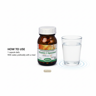 Sanatur Liposomal Vitamin C with usage wording on a clean water background